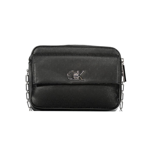 Calvin Klein Black Polyester Handbag with external pocket, contrasting details, and logo on front.