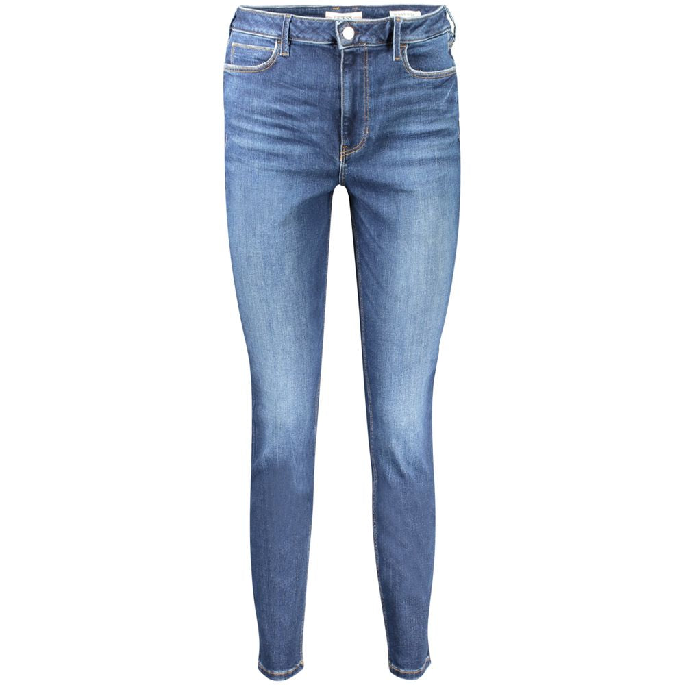 Guess Jeans Blue Cotton Women Jeans with high-rise waist and five-pocket design, crafted from recycled cotton for sustainable style.