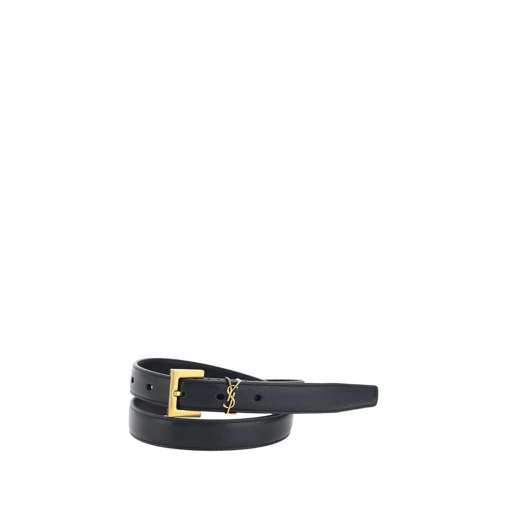 Saint Laurent Black Calf Leather Bos Taurus Thin Belt with brass buckle and YSL logo, minimalist design for AW25 season.