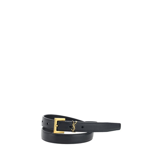 Saint Laurent Black Calf Leather Bos Taurus Thin Belt with brass buckle and YSL logo, minimalist design for AW25 season.