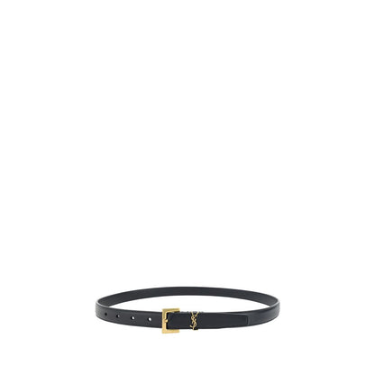 Saint Laurent Black Calf Leather Bos Taurus Thin Belt with brass buckle and YSL logo, perfect for formal and casual outfits.
