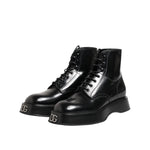 Dolce & Gabbana Black Leather Logo Ankle Boots Lace Up Shoes MV7390-41