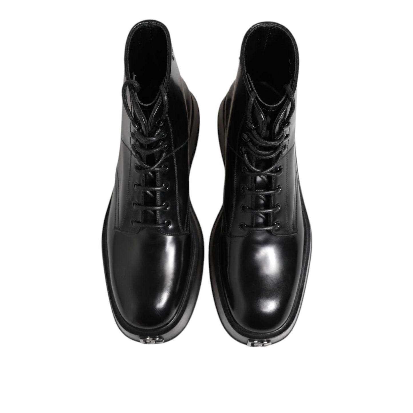 Dolce & Gabbana Black Leather Logo Ankle Boots Lace Up Shoes