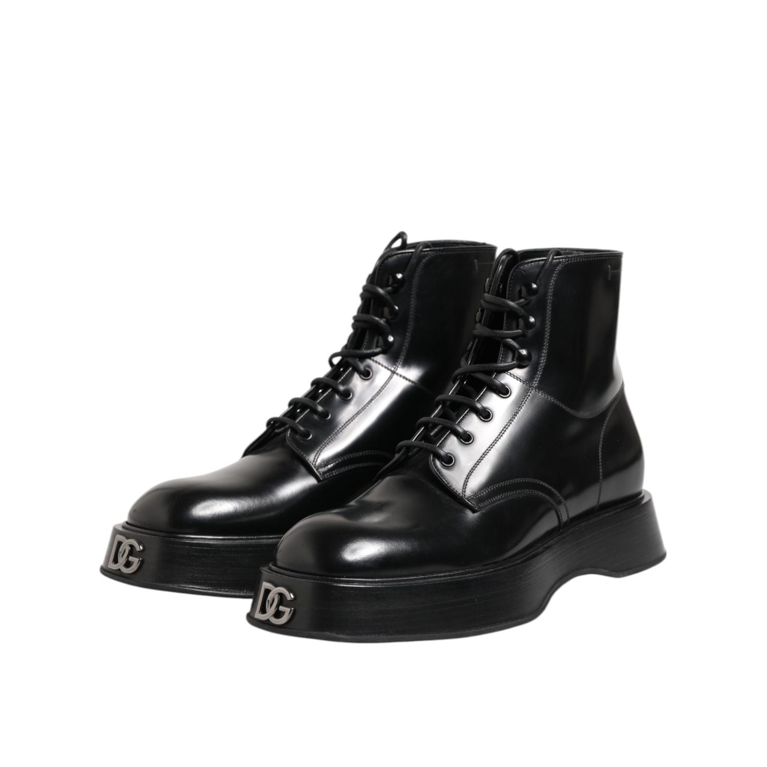 Dolce & Gabbana Black Leather Logo Ankle Boots Lace Up Shoes