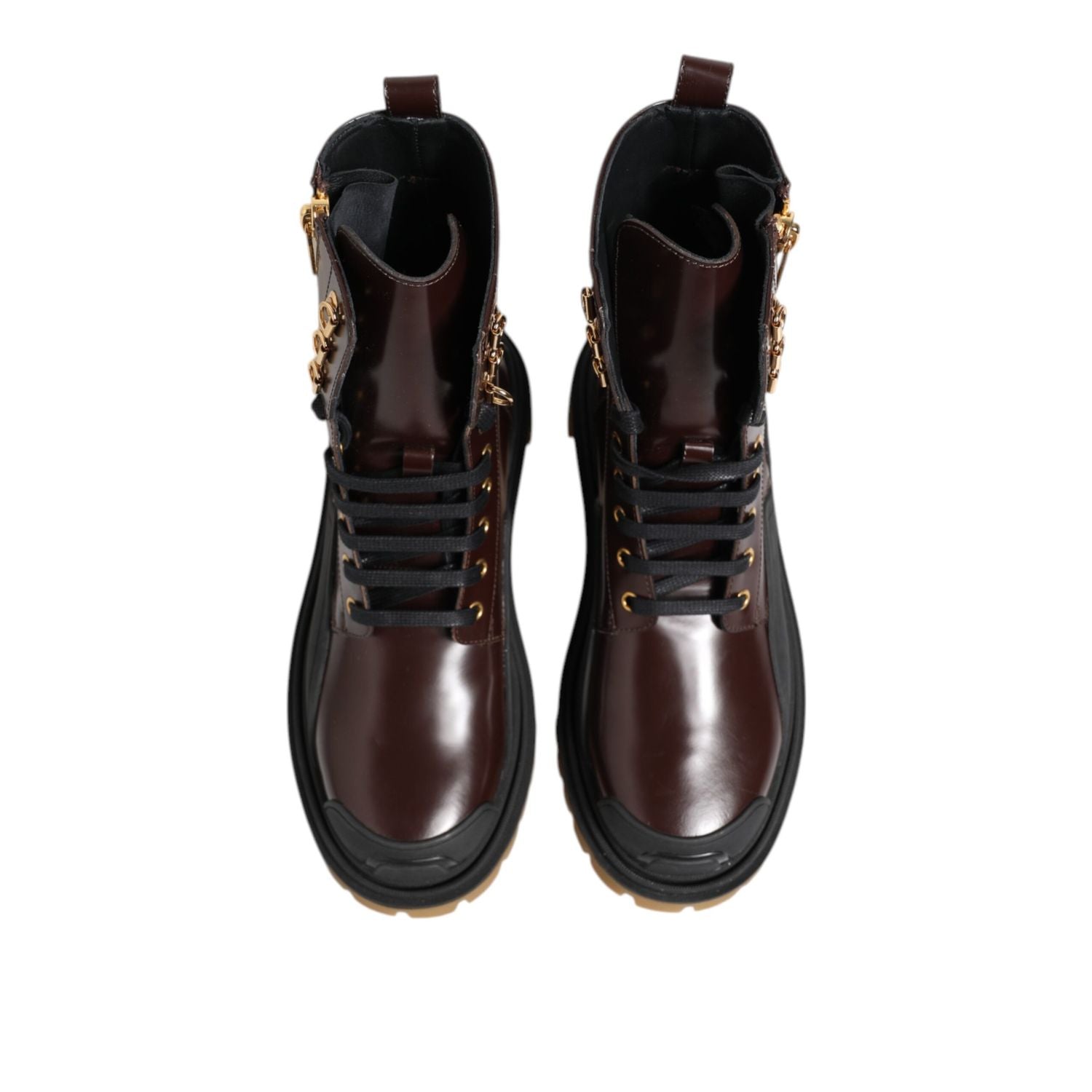Dolce & Gabbana Brown Black Leather Boots Zipper Lace Up Shoes