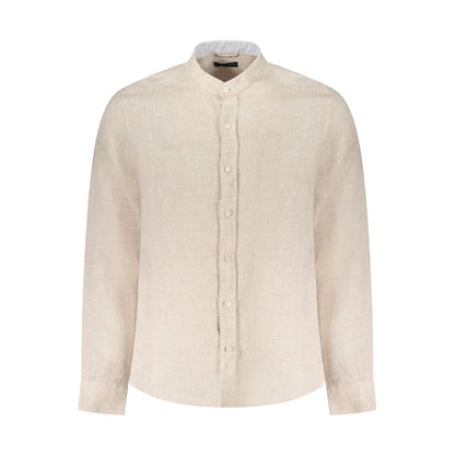 North Sails Beige Linen Shirt with Korean collar, long sleeves, button cuffs, and logo embroidery for an Ocean Positive style.