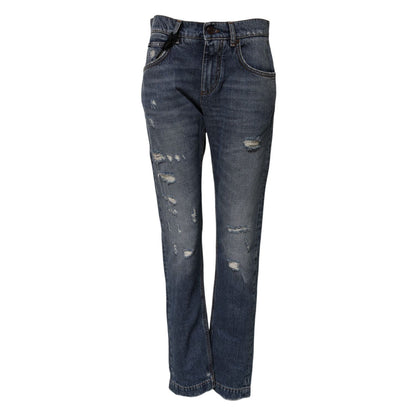Dolce & Gabbana Blue Cotton Tattered Boyfriend Denim Jeans