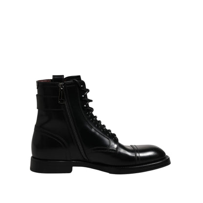 Dolce & Gabbana Black Leather Mid Calf Boots Lace Up Shoes