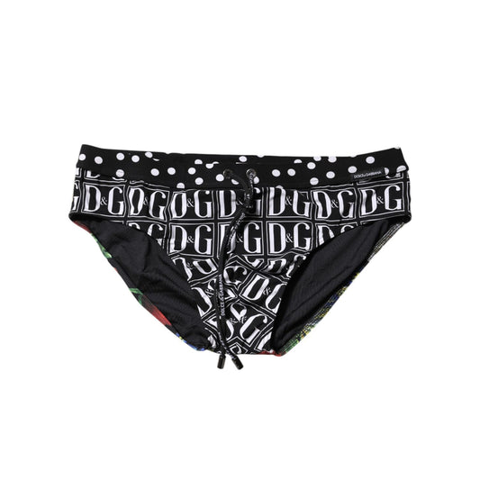 Dolce & Gabbana Black Floral Logo Beachwear Men Brief Swimwear