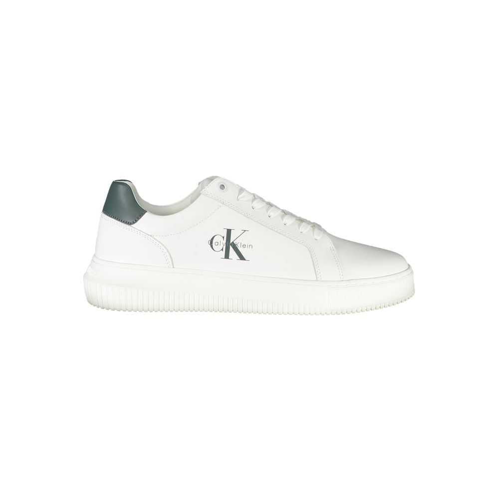 Calvin Klein White Leather Men Sneaker with green details and logo, showcasing style and comfort.