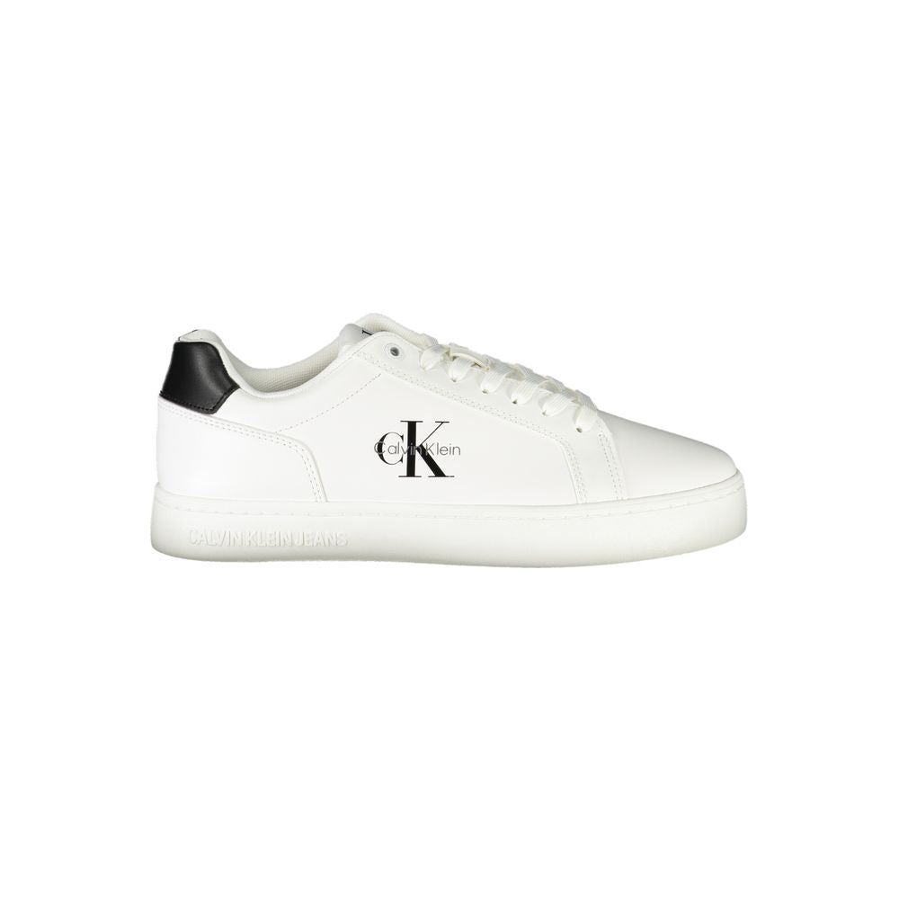 Calvin Klein White Leather Men Sneaker with black accents and logo, showcasing stylish design and comfort.