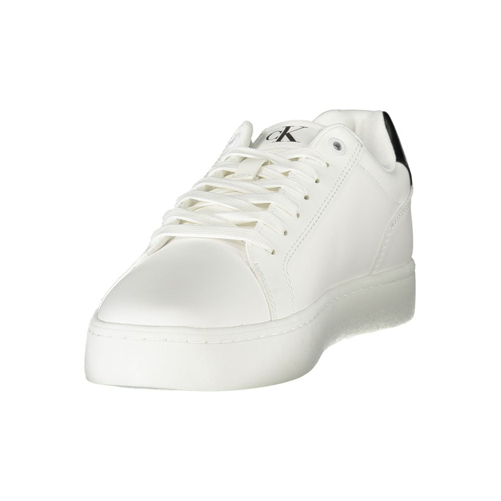 Calvin Klein White Leather Men Sneaker with black accents and designer logo, offering style and comfort with a removable footbed.