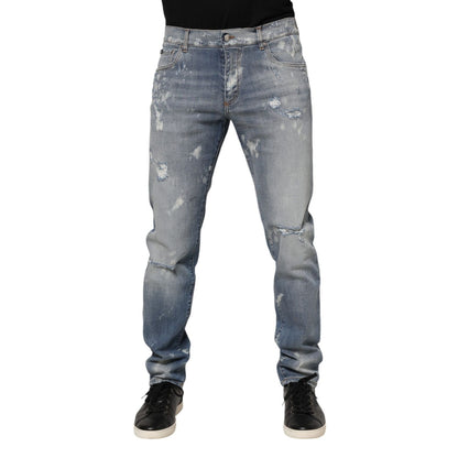 Dolce & Gabbana Blue Cotton Tattered Slim Fit Men Denim Jeans