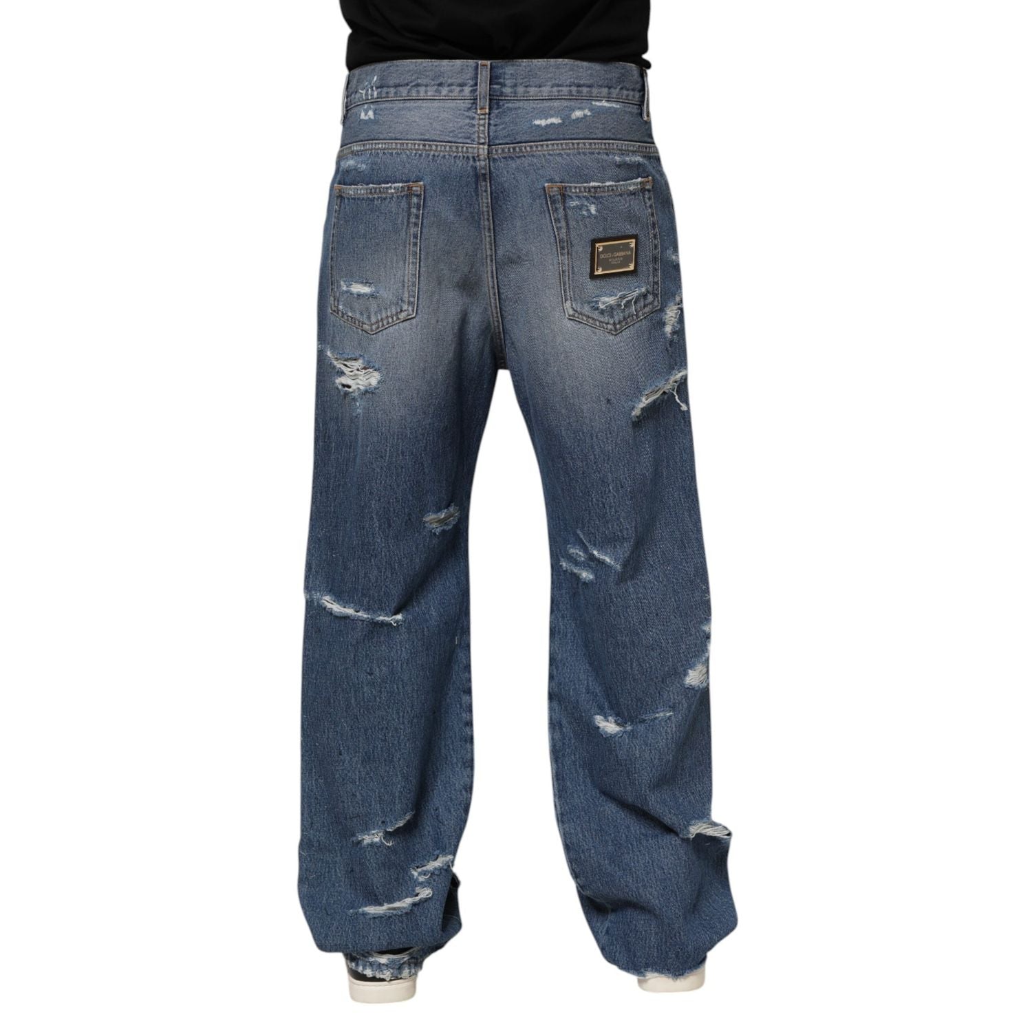 Dolce & Gabbana Blue Tattered Cotton Logo Plaque Denim Jeans