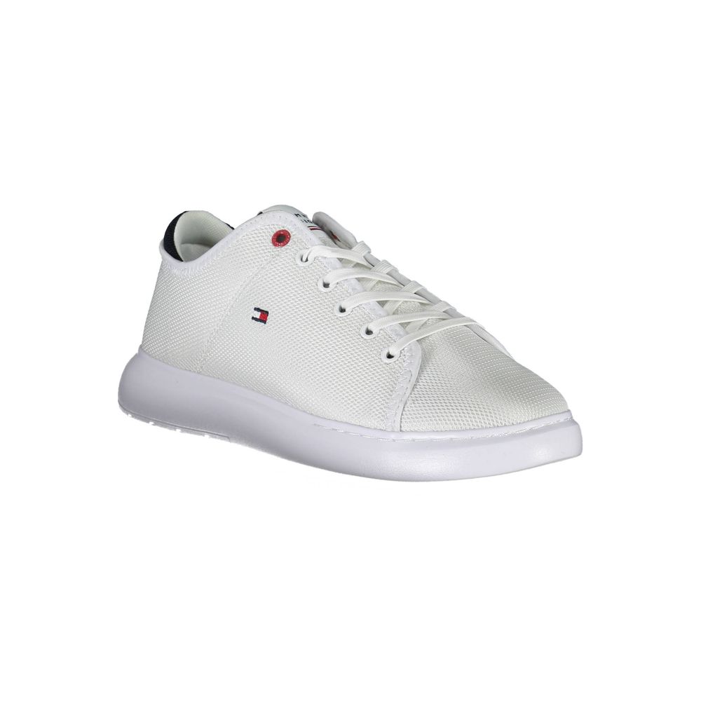Tommy Hilfiger White Polyester Sneaker with laces, contrasting details, and logo, made from 95% recycled polyester.