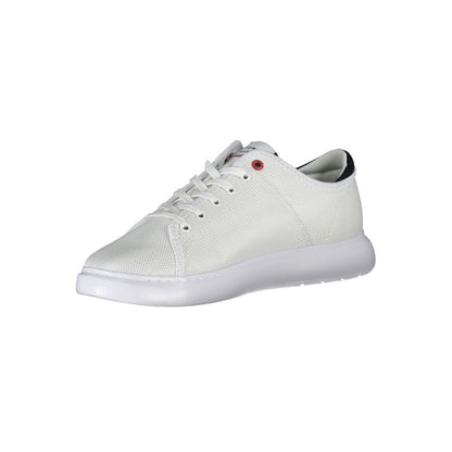 Tommy Hilfiger White Polyester Sneaker with contrasting details and sole, featuring logo and laces, made of 95% recycled polyester.