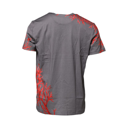 Dolce & Gabbana Gray Cotton Coral Print Logo Plaque T-shirt