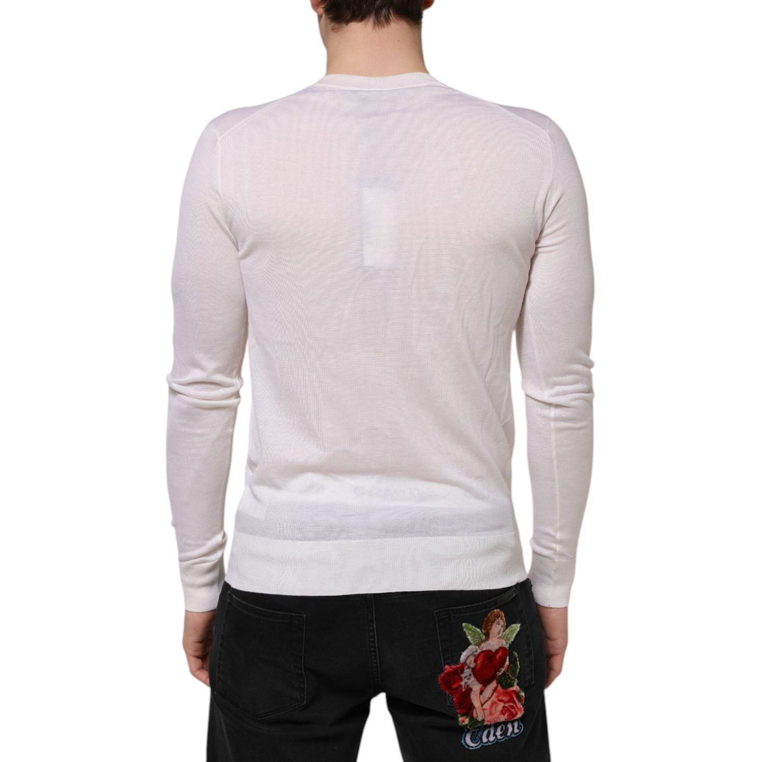Dolce & Gabbana White Cashmere Logo V-neck Pullover Sweater