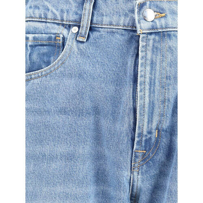 Close-up of 7FOR Light Blue Cotton Straight-Leg Jeans with belt loops, mid-rise waist, and stitching details.
