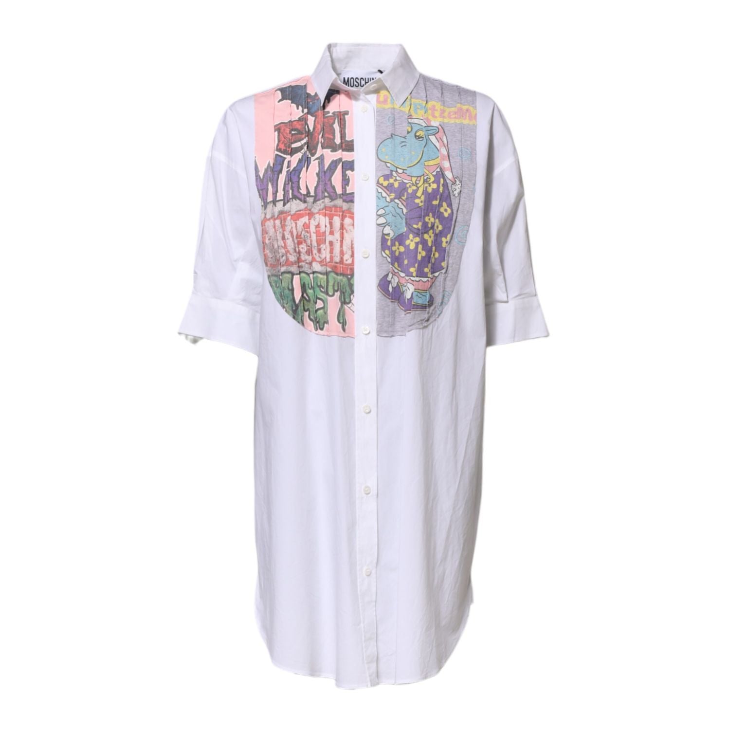 Moschino Couture White Printed Collared Button Mini Shirt Dress