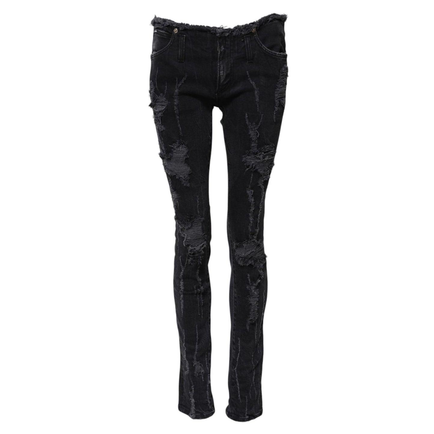 Dolce & Gabbana Black Cotton Tattered Skinny Denim Jeans