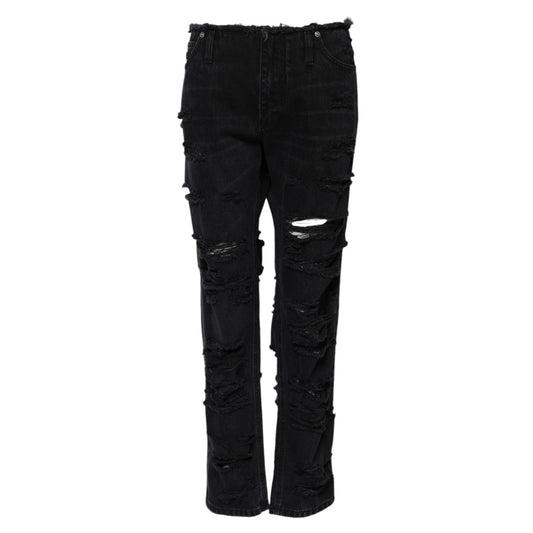 Dolce & Gabbana Black Cotton Tattered Mid Waist Denim Jeans