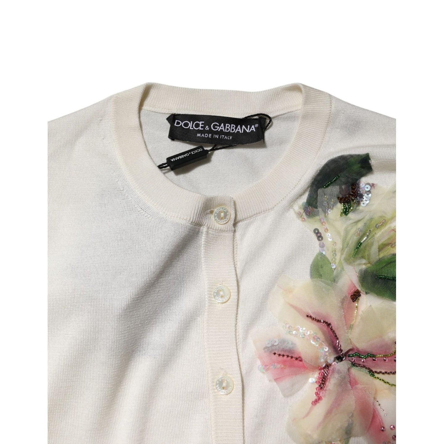Dolce & Gabbana White Silk Lily Buttoned Cardigan Sweater