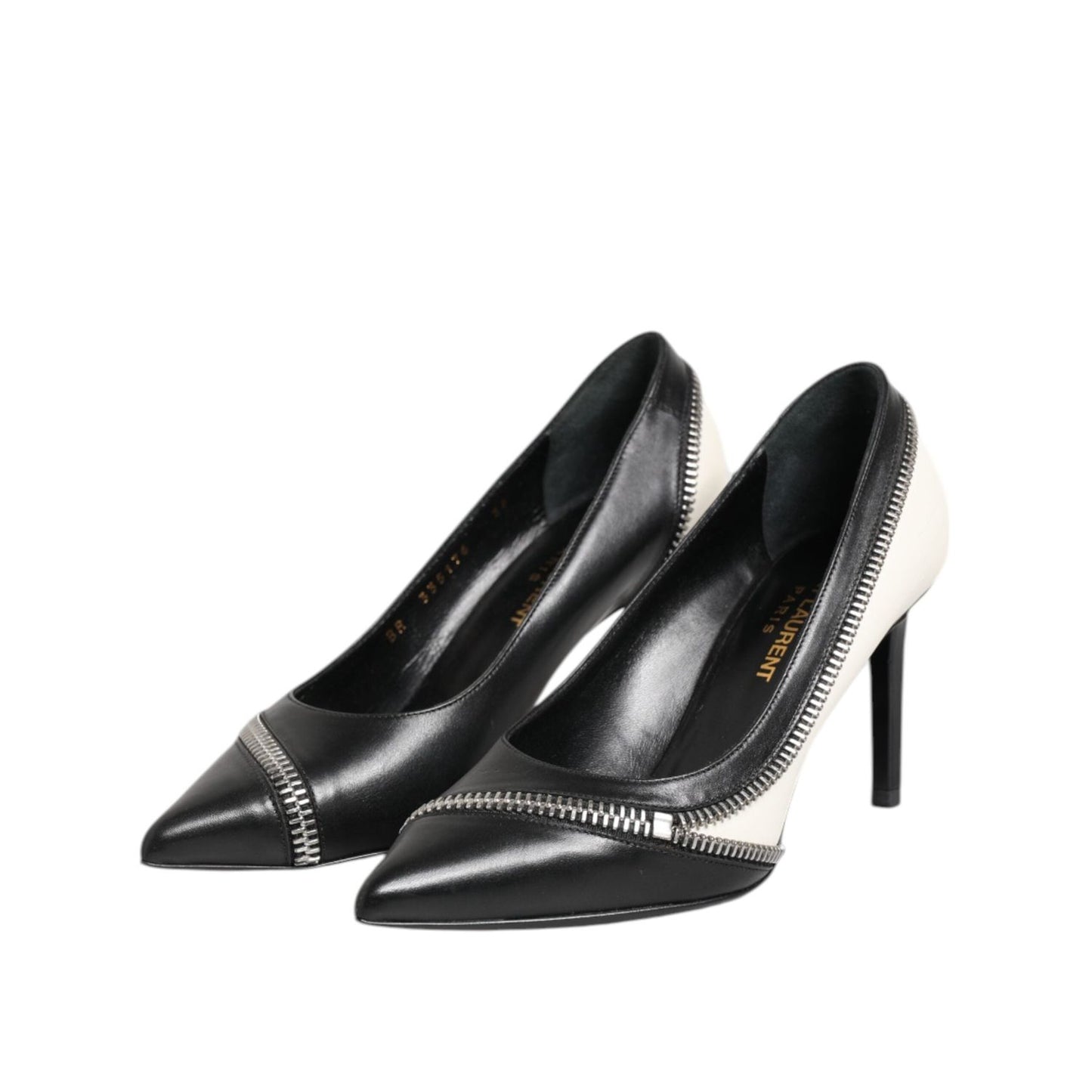 Saint Laurent White Black Leather Pointed Toe Heels Shoes LA12587-36