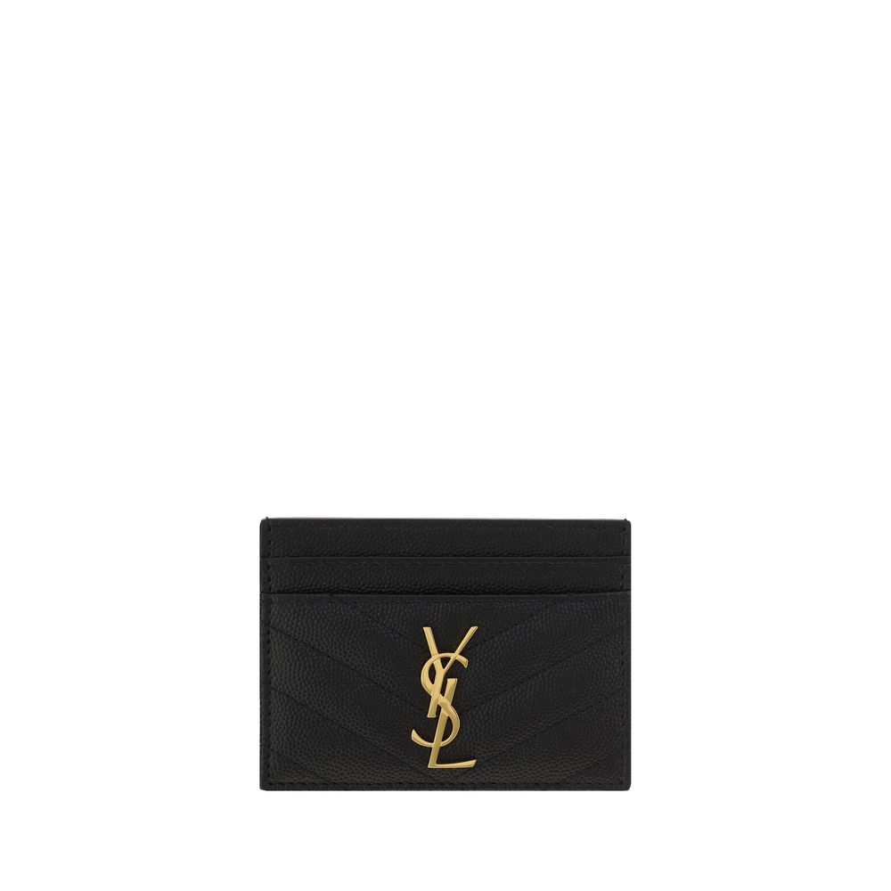 Saint Laurent Black Calf Leather Bos Taurus Cardholder with YSL logo and quilted matelassé design, front and back card slots, AW25 season.
