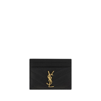 Saint Laurent Black Calf Leather Bos Taurus Cardholder with YSL logo and quilted matelassé design, front and back card slots, AW25 season.