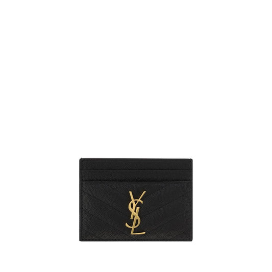 Saint Laurent Black Calf Leather Bos Taurus Cardholder with YSL logo and quilted matelassé design, front and back card slots, AW25 season.