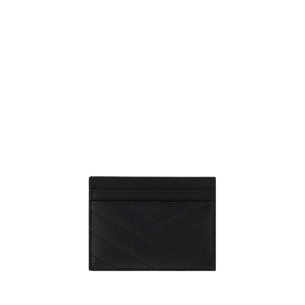 Alt Tag: Saint Laurent Black Calf Leather Bos Taurus Cardholder with YSL logo and quilted matelassé design, front and back card slots.