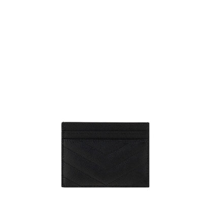 Alt Tag: Saint Laurent Black Calf Leather Bos Taurus Cardholder with YSL logo and quilted matelassé design, front and back card slots.