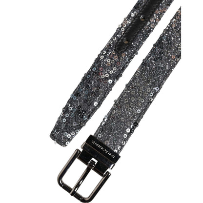 Dolce & Gabbana Black Sequins Silver Metal Logo Buckle Belt