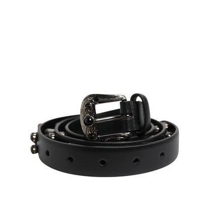 Dolce & Gabbana Black Studded Leather Metal Logo Buckle Belt