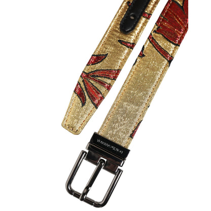 Dolce & Gabbana Gold Floral Jacquard Silver Metal Buckle Belt