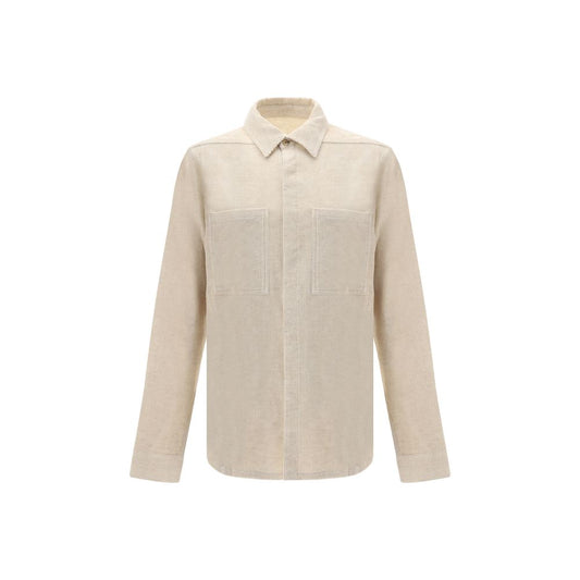 Rick Owens Cream Cotton Shirt with classic collar and patch pockets, featuring a minimalist design for AW25 season.