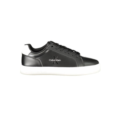 Calvin Klein Black Leather Men Sneaker with white sole and logo showcasing sleek design and comfort.