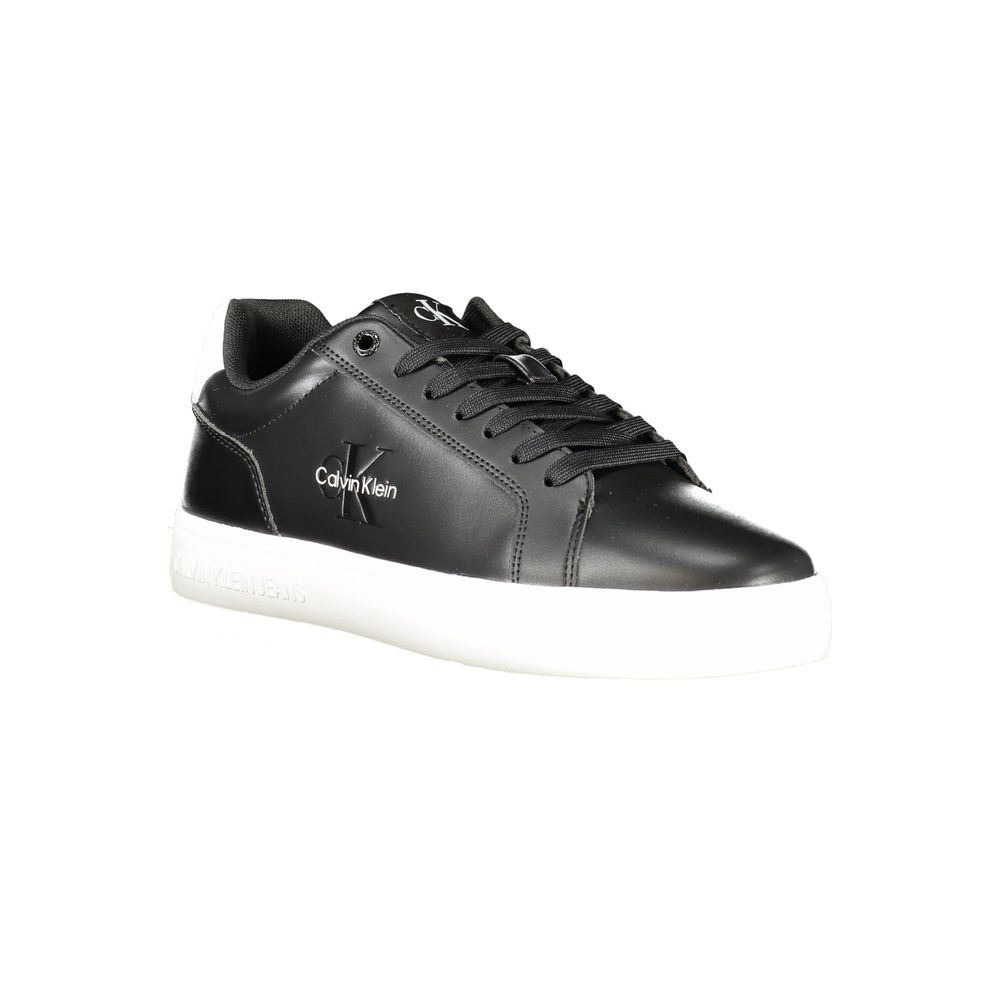 Calvin Klein Black Leather Men Sneaker with white sole and Calvin Klein logo, featuring bold black design and removable insole for comfort.