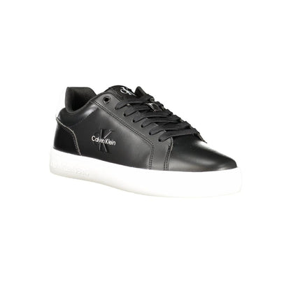 Calvin Klein Black Leather Men Sneaker with white sole and Calvin Klein logo, featuring bold black design and removable insole for comfort.