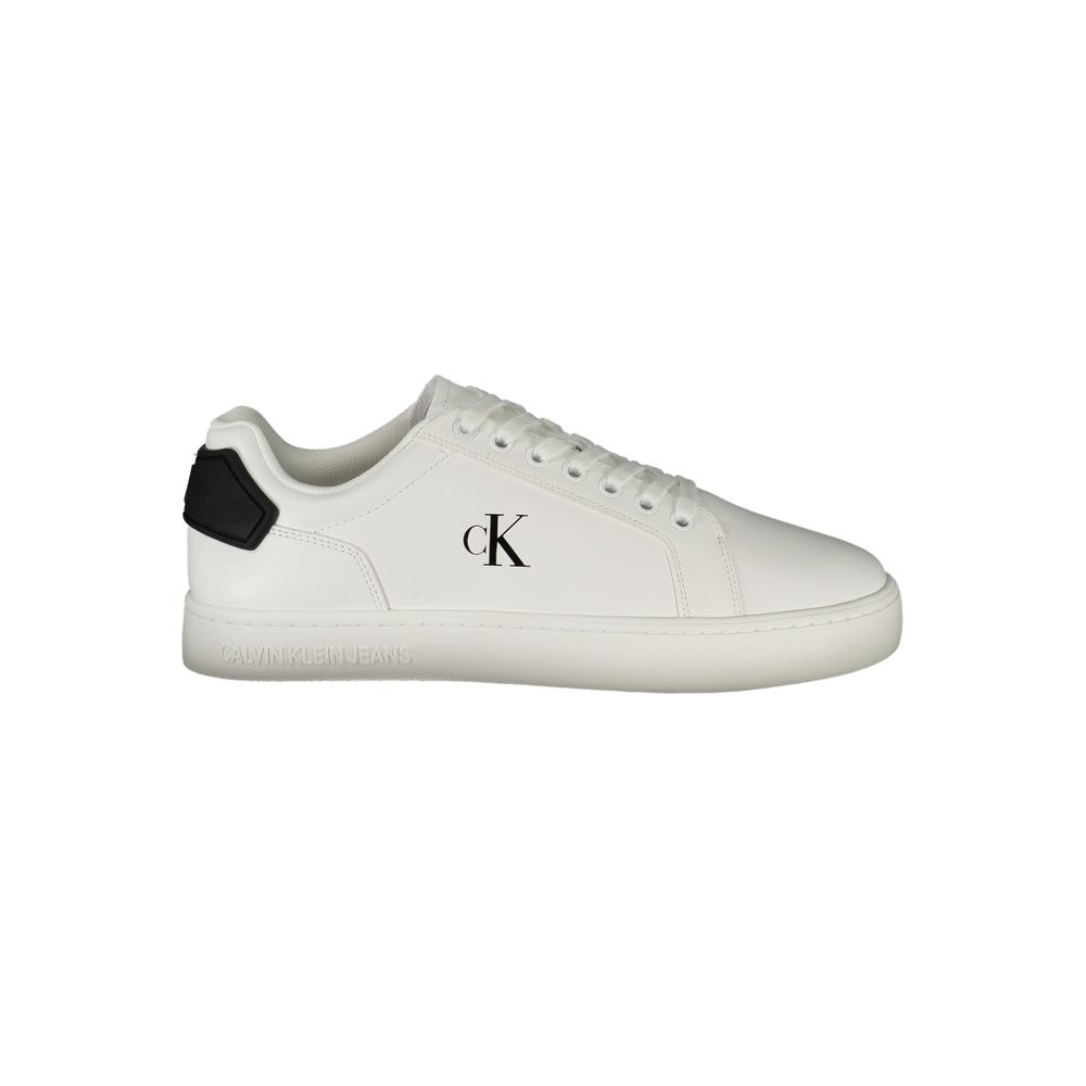 Calvin Klein White Leather Men Sneaker with black accents, showcasing modern style and comfort with a removable footbed.