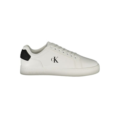 Calvin Klein White Leather Men Sneaker with black accents, showcasing modern style and comfort with a removable footbed.