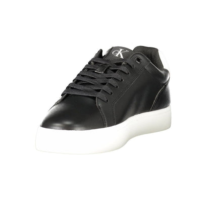 Calvin Klein Black Leather Men Sneaker with white sole and logo detail, featuring sleek black design and removable insole for comfort.