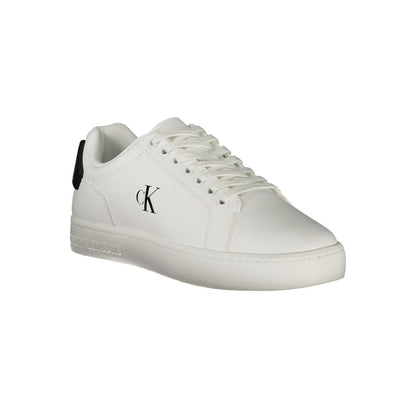 Calvin Klein White Leather Men Sneaker with black accents, showcasing sleek design and comfortable fit.
