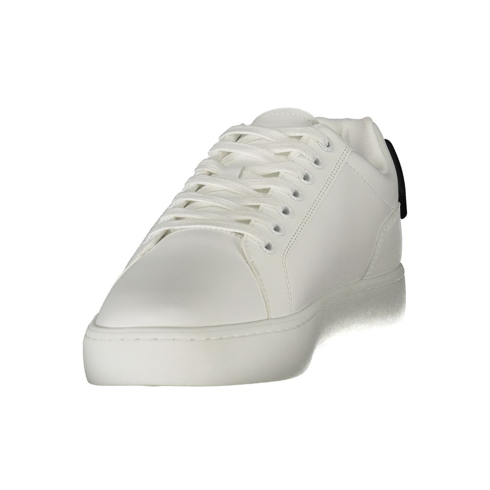 Calvin Klein White Leather Men Sneaker with black accents and removable footbed for personalized comfort.