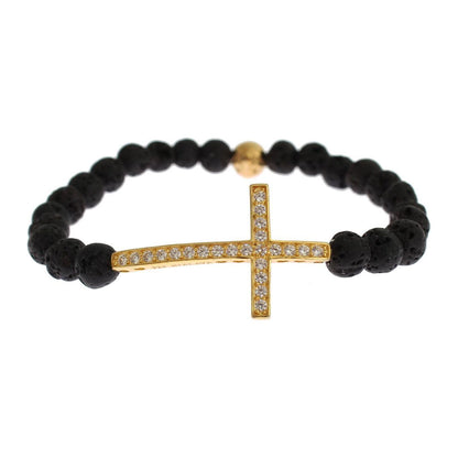 Nialaya Lava Stone Gold Clear CZ Cross 925 Silver Bracelet Bracelet