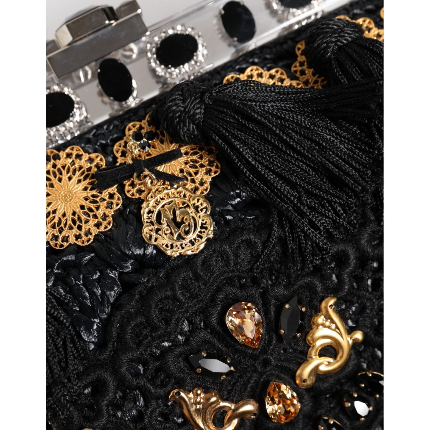Dolce & Gabbana Black Tassel Gold Baroque Crystal Evening Clutch Bag VAS15460