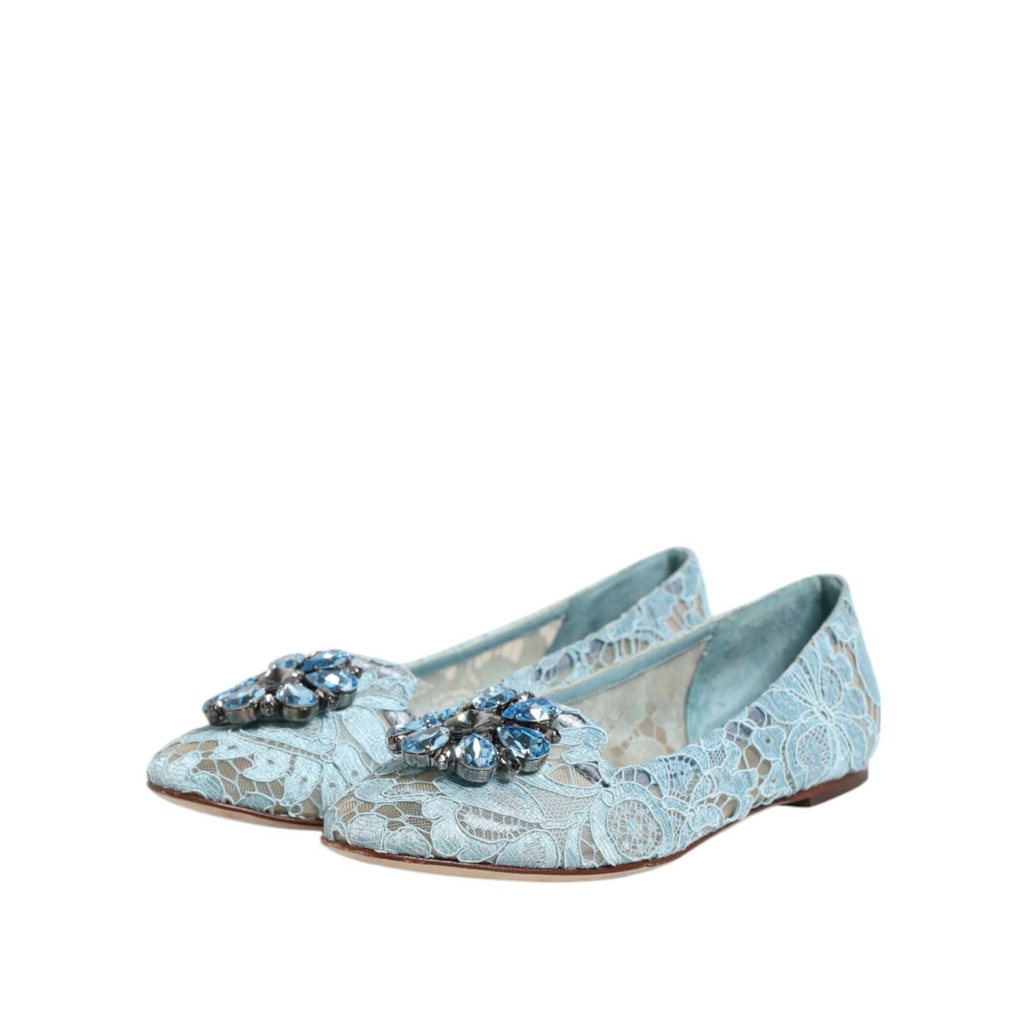 Dolce & Gabbana Blue Lace Crystal Ballet Flats Loafers Shoes