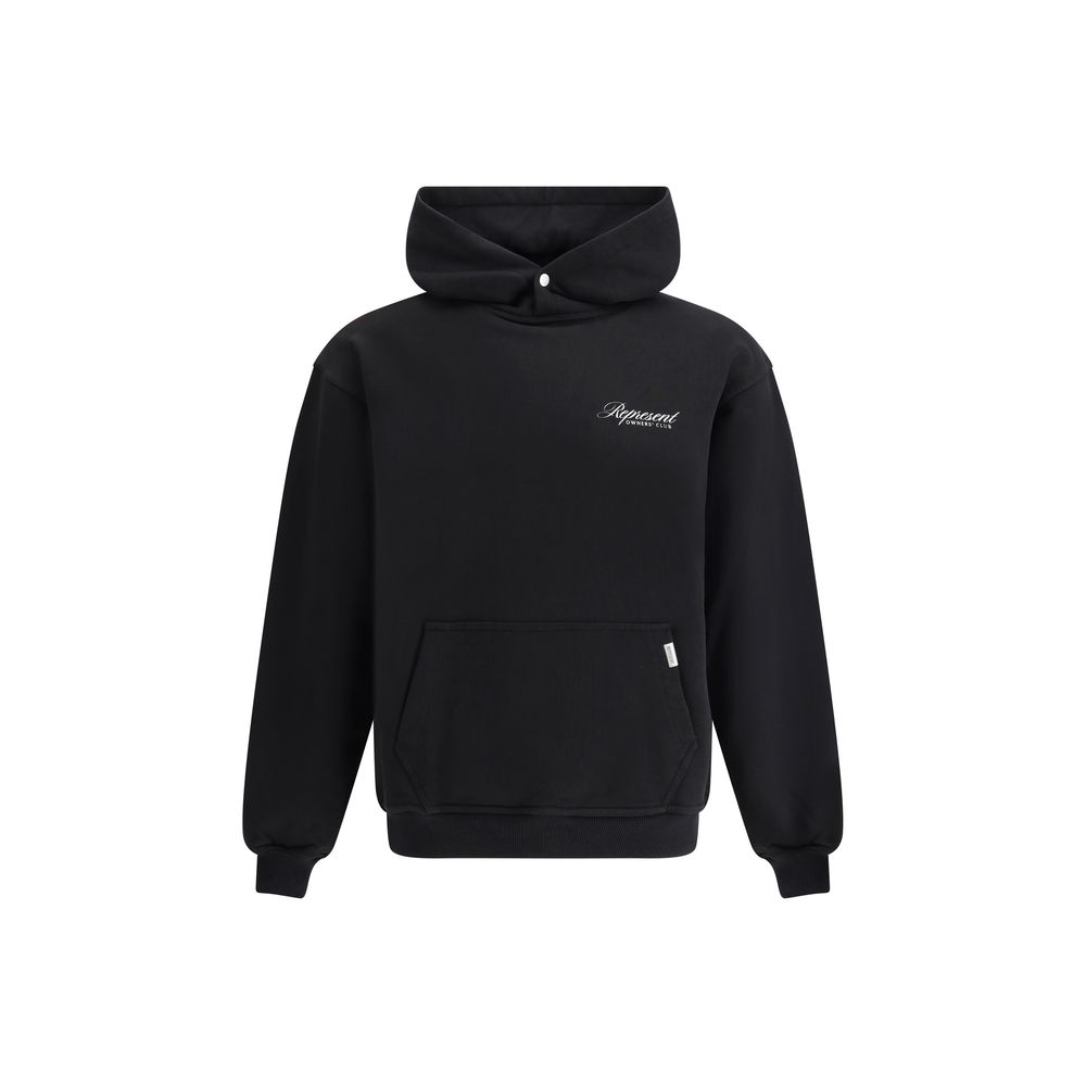 Represent Black Cotton Sweatshirt with ribbed cuffs, kangaroo pocket, and brand monogram on front.