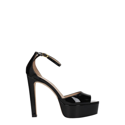 Stuart Weitzman Black Leather Platform Sandals with high heel, patent finish, and buckle closure.